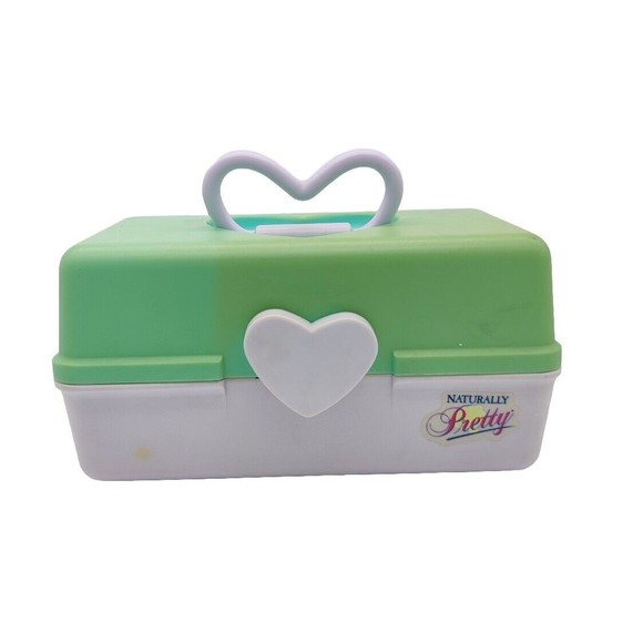 Vintage Naturally Pretty Cosmetics Case Travel Storage Jewelry Teal White Heart - Picture 1 of 16